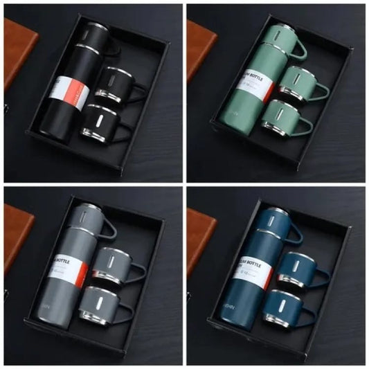 3‑Cup Double‑Layer Stainless Steel Vacuum Flask Set – Insulated Flask & Cups, 500 ml