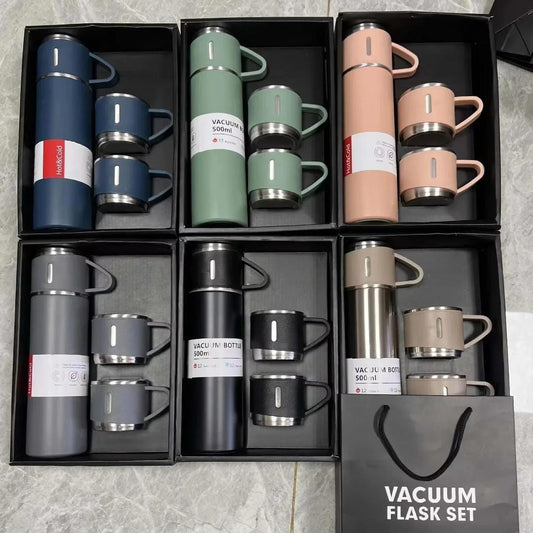 3‑Cup Double‑Layer Stainless Steel Vacuum Flask Set – Insulated Flask & Cups, 500 ml